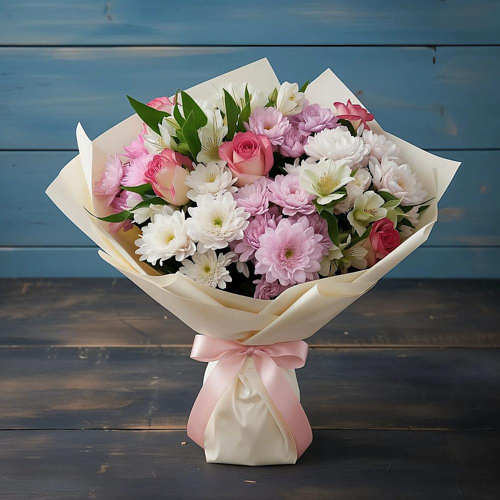 Букет цветов из: Хризантемы, Альстромерии и Розы в Судислово